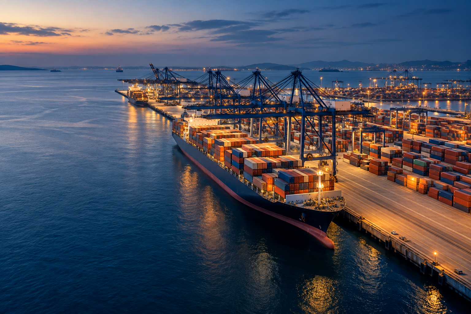 Conceptual aerial view of a container port and cargo ship at blue hour